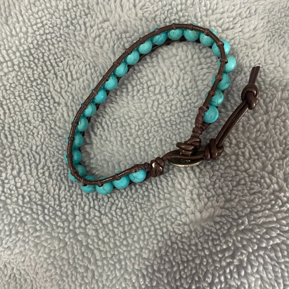 Handmade Bohemian Turquoise and Leather Beaded Ladder Stitch  Bracelet